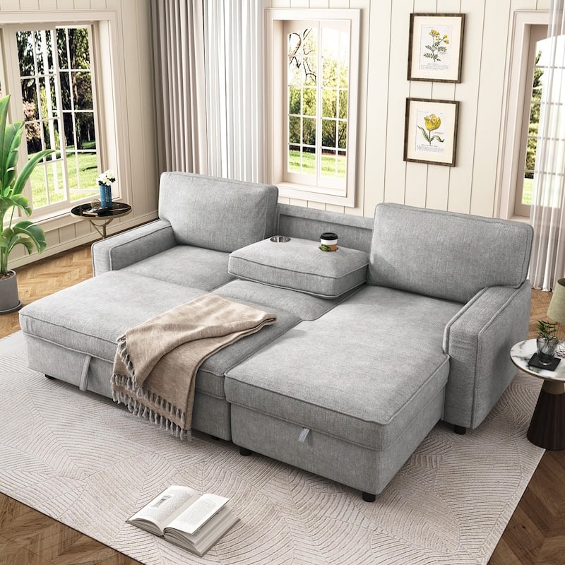 L-shaped Reversible Sleeper Sectional Sofa with Storage Space
