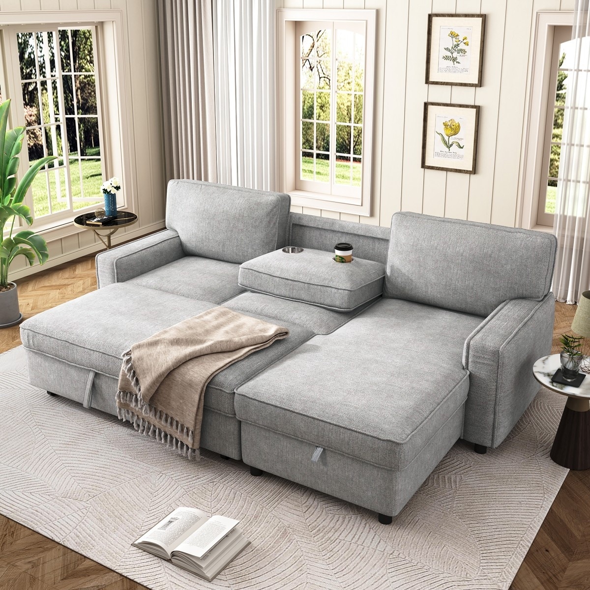 L-shaped Reversible Sleeper Sectional Sofa with Storage Space