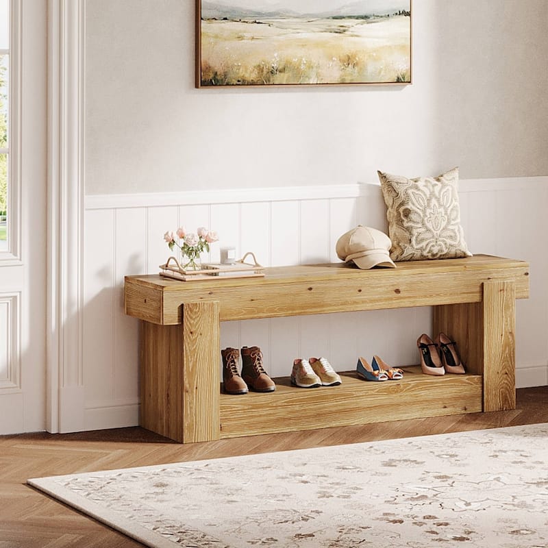 63 Inch Solid Wood Entryway Bench with Storage Shelves, 2-Tier Shoe Rack Bench, Farmhouse Storage Bench For Bedroom End of Bed