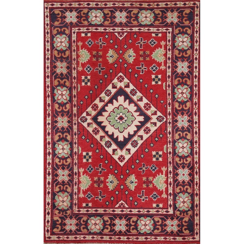 Geometric Red Kazak Oriental Foyer Rug Handmade Wool Carpet - 3'1" x 5'0"