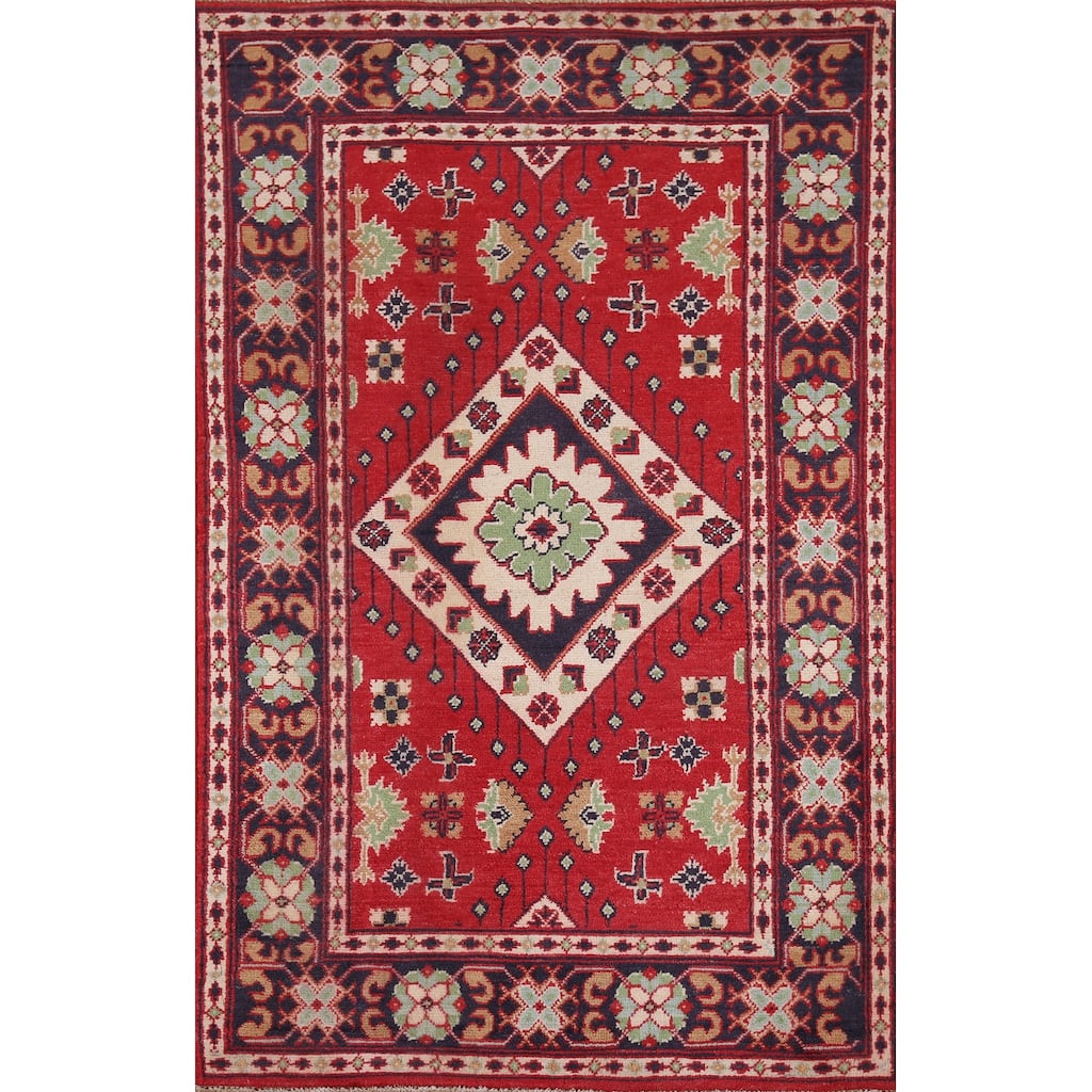 Geometric Red Kazak Oriental Foyer Rug Handmade Wool Carpet - 3'1" x 5'0"