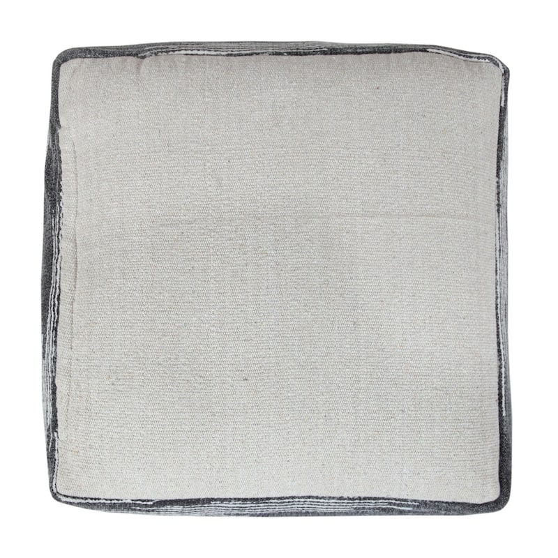 18 Inch Grey Pouf Ottoman with Striped Cotton Upholstery for Modern Spaces