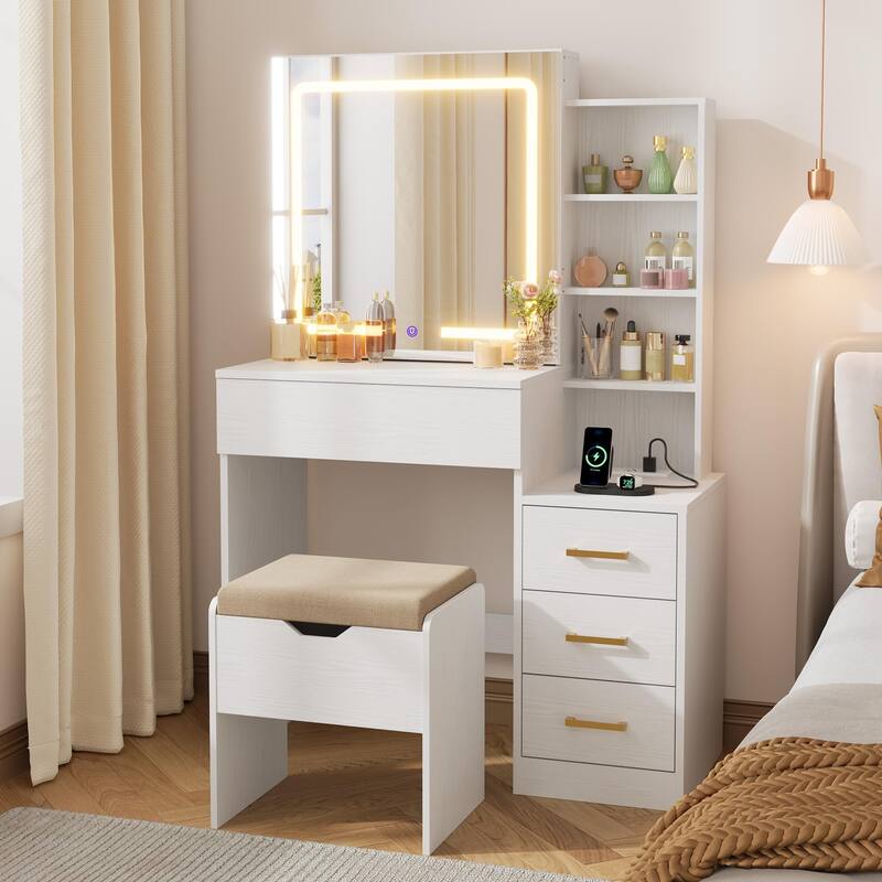 Modern Makeup Vanity with Sliding Mirror, 4 Drawers & 7 Shelves, 3 Light Colors, Charging Port & Stool Set