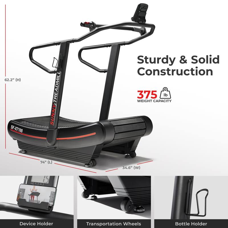 Sunny Health & Fitness Premium Ultra Curved Manual Treadmill - SF-X7100 - Black - 74 x 34.6 x 62.2