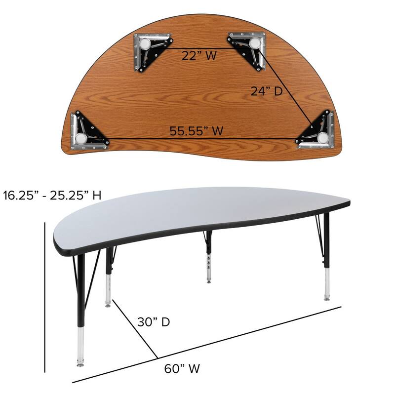 60" Half Circle Wave Collaborative Grey Kids Adjustable Height Activity Table