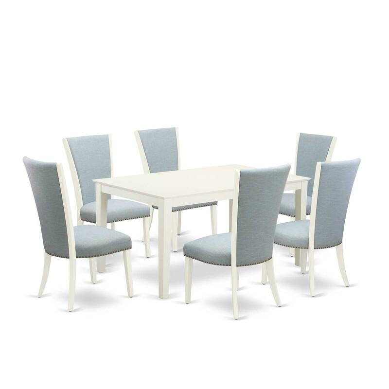 HomeStock 7-Piece Linen White Finish Solid Wood Top Dining Table with 6 Parson-Chairs