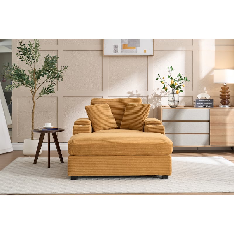 Corduroy Sofa Set with Ottoman, Handrail Storage & Cup Holders