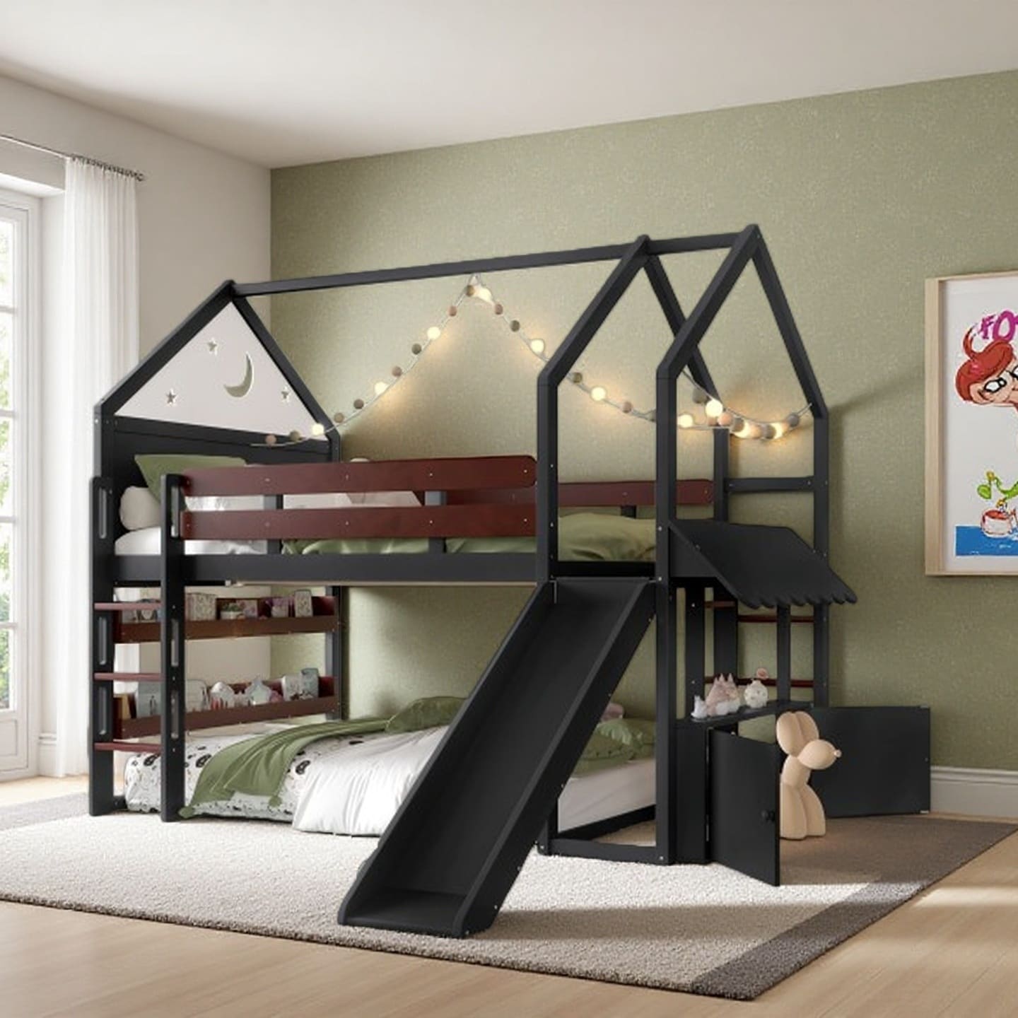 Twin Loft Bed for Kids with Star & Moon Cottage Design, Built-in Bookshelves, Slide and Adjustable Ladders