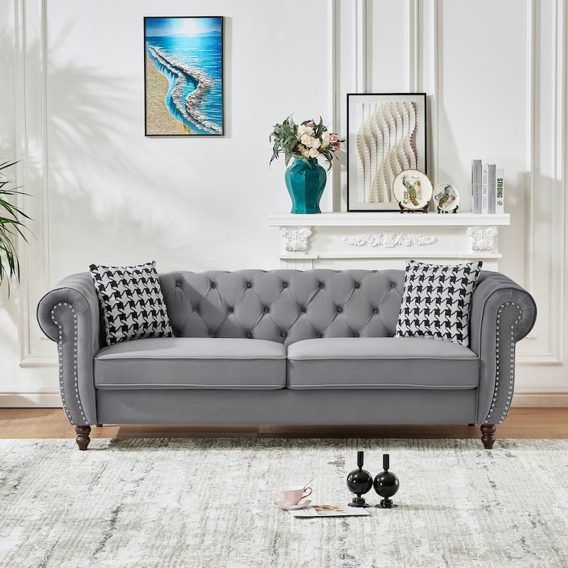 Roomfitters 87" Classic Chesterfield Upholstered Sofa with Scrolled Arms and Nailhead Trim, Button Back Living Room Couch - Grey