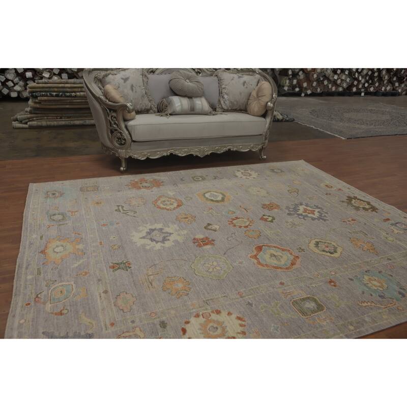 Vegetable Dye Wool Oushak Turkish Area Rug, Floral Geometric Carpet - 9' 9'' X 8' 0''