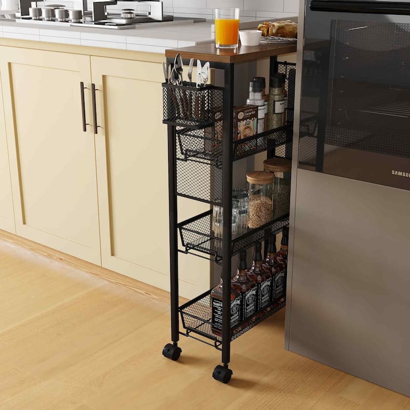 Moasis Wood Rolling Kitchen Cart with Wooden Tabletop and Mesh Baskets