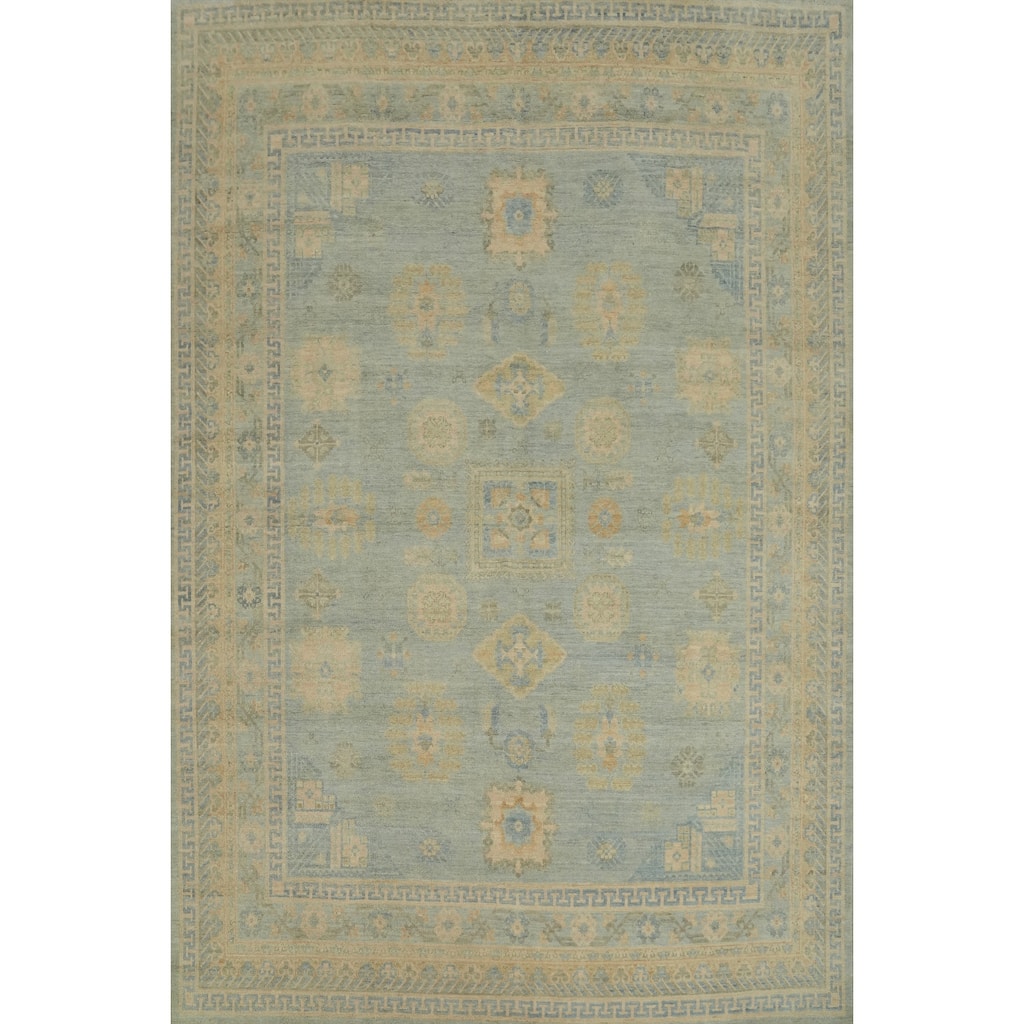 Vegetable Dye Blue Oushak Turkish Area Rug, Floral Geometric Carpet - 10' 7'' X 8' 1''