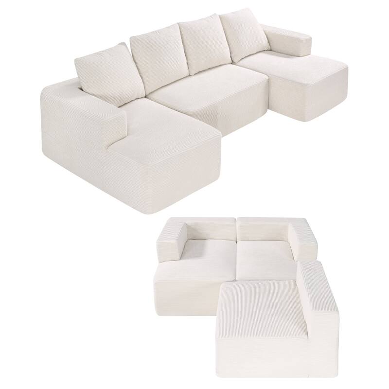 Beige Corduroy Fabric Modular Sofa with Wide Armrests, Deep Seats and U-Shape Design - 100.7” L x 49.6” W x 22.4” H