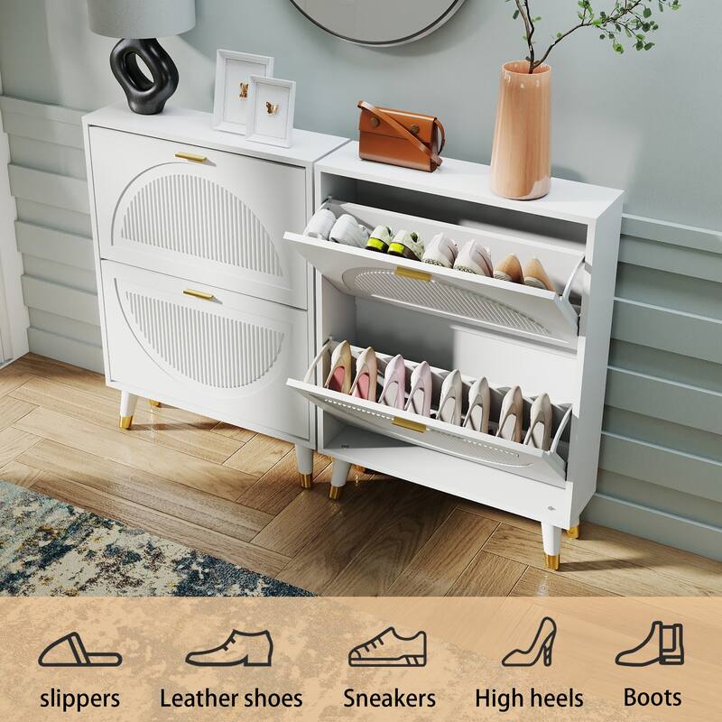 25''W Slim Shoe Cabinet, Fluted Hidden Shoe Storage Cabinet with 2 Flip Drawers, Wooden Shoe