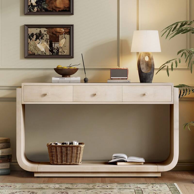 Mid-Century Modern Console Table with 3 Storage Drawers and Display Shelf for Entryway or Living Room Use