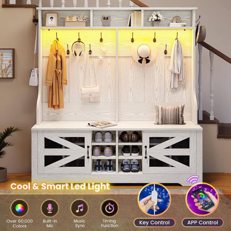Hall Tree w/ Bench Shoe Storage Shoe Cubby Barn Door Adjustable Shelf