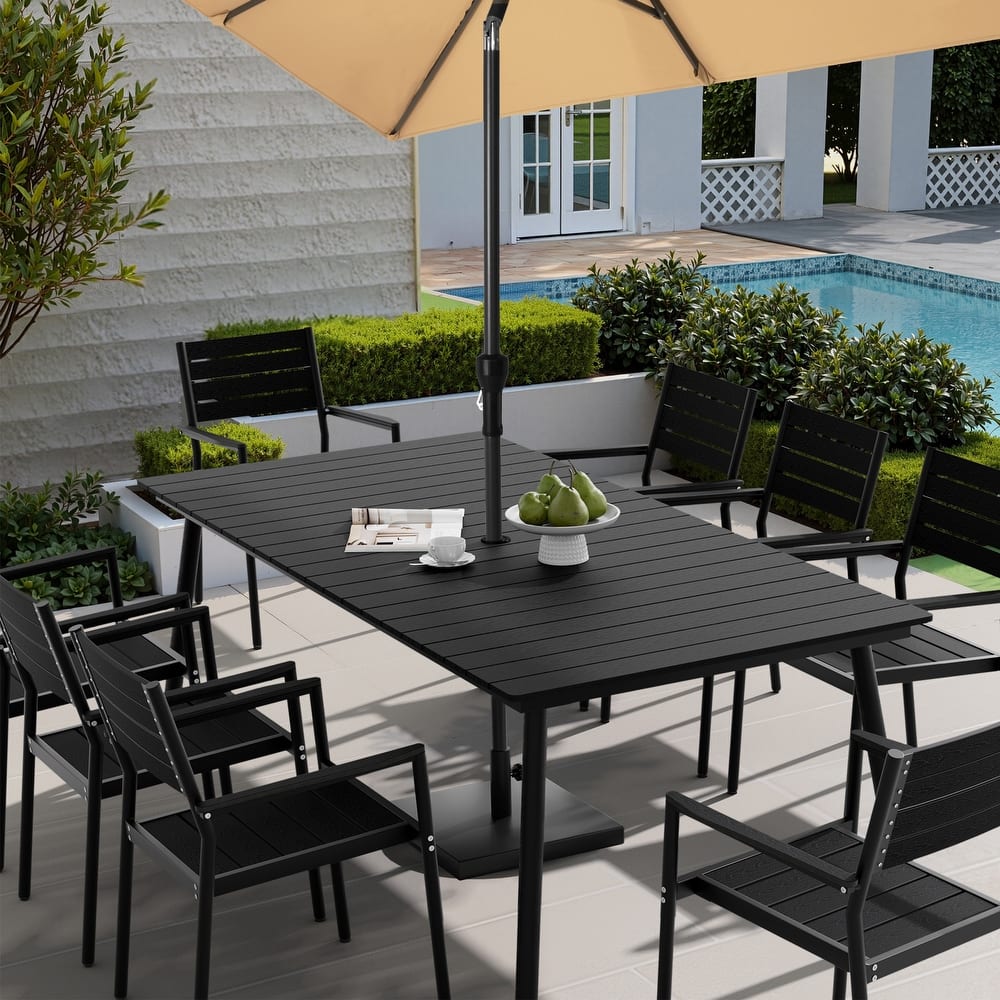 82.7in Outdoor Patio Rectangle Aluminum Wood-Like Dining Table with Umbrella Hole