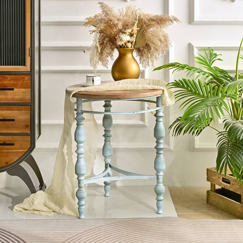 Easy Assembly 20.08" Accent Rustic Wooden Carved Coffee Table, Round Wooden Top Metal Leg Round End Table For Living Room