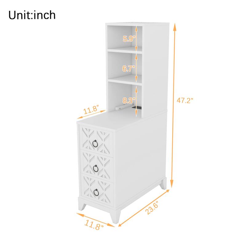 White Side Table Slim Nightstand Lamp Table with Drawers, File Cabinet Dressing Table Corner Table with Open Shelves