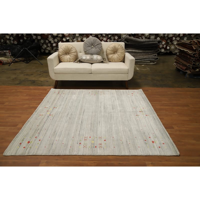 Hand Knotted Oriental Viscose Silk Carpet Tribal Animal Pictorial Beige & Ivories Gabbeh Area Rug - 5' 10'' X 6' 3''