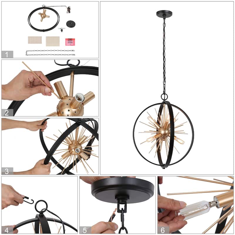 Modern 6-Light Globe Sputnik Chandelier Tinka Farmhouse Lantern Kitchen Pendant Lights for Foyer - D18"x H20.5"