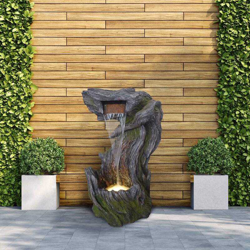Waterfall in Realistic Tree Bark Fountain with LED Lights