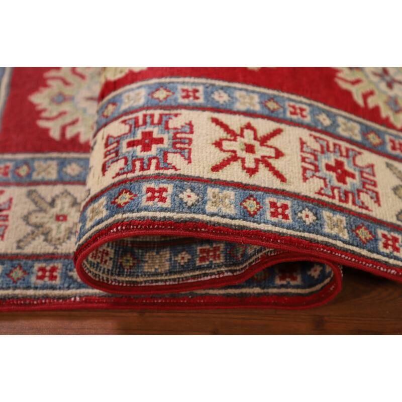 Red Geometric Kazak Oriental Accent Rug Hand-Knotted Wool Carpet - 3'4"x 4'10"