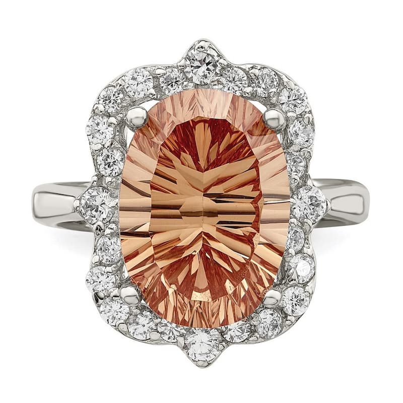 Curata 925 Sterling Silver Oval Polished Open back Champagne and Clear Color CZ Cubic Zirconia Simulated Diamond Ring