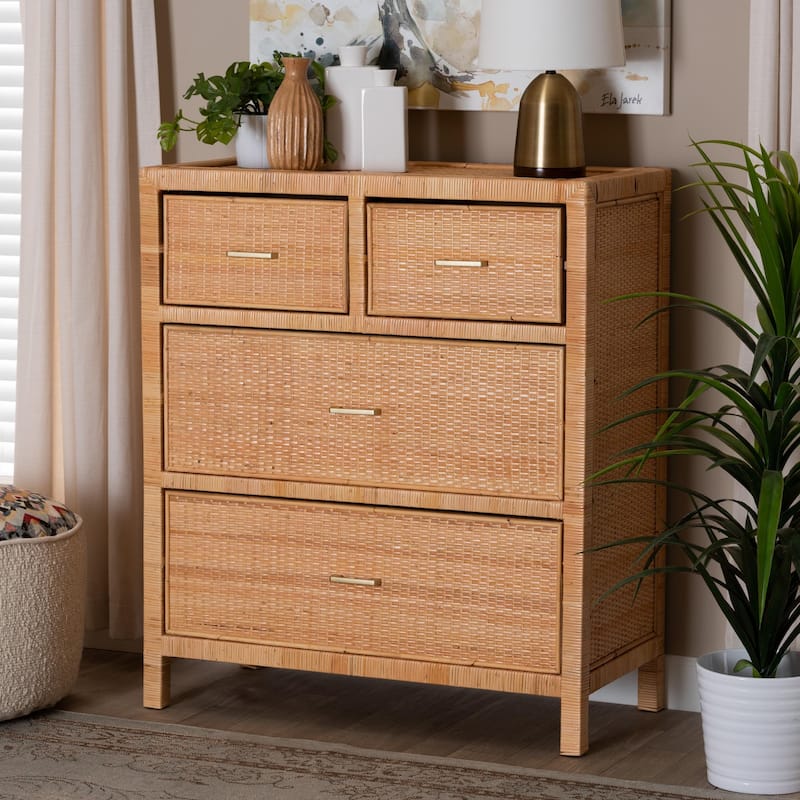 Vaere Modern Bohemian Natural Brown Rattan and Mahogany Wood Storage Cabinet