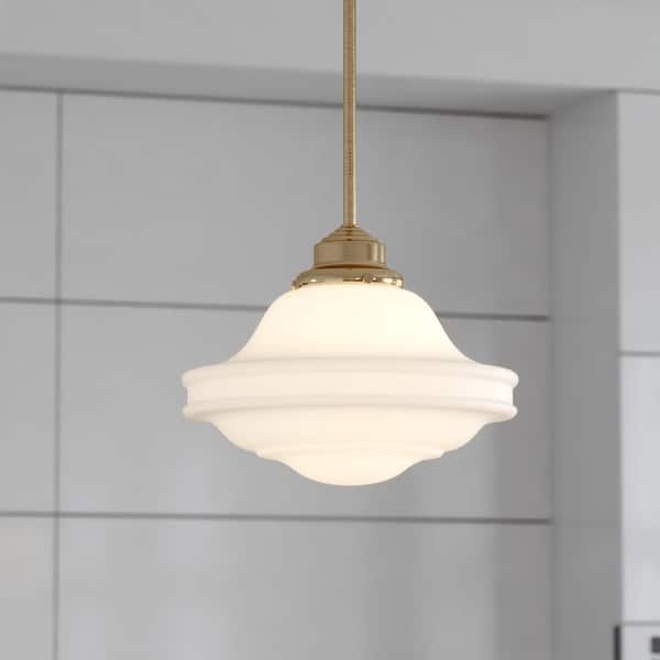 slide 2 of 13, Huntley 1 Light Farmhouse Schoolhouse Pendant White Glass Natural Brass - 12-in W x 14.75-in H x 12-in D