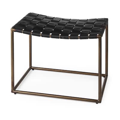Clarissa Black Woven Genuine Leather Seat w/Gold Metal Frame Stool - 22.0L x 16.0W x 16.5H