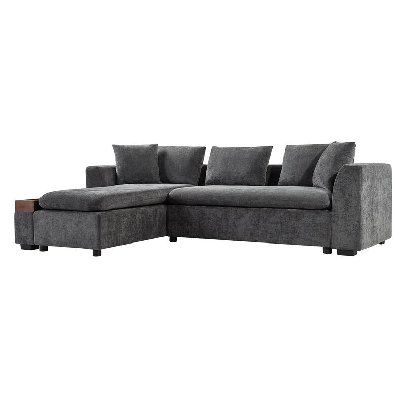 Sectional L-shaped Gray Chenille Sofa with Wooden Storage, 94"L x 61"W x 31"H, 187lbs