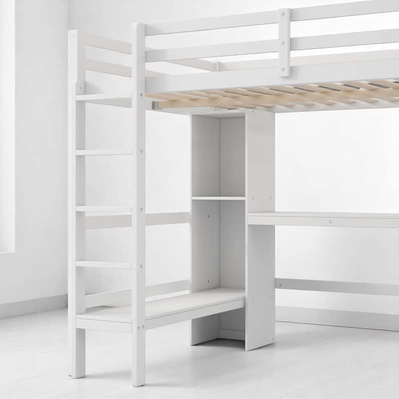 Full Loft Bed with Built-in Desk and Playful Shelves, Modern Wood Frame with Guardrails, Space-Saving Design