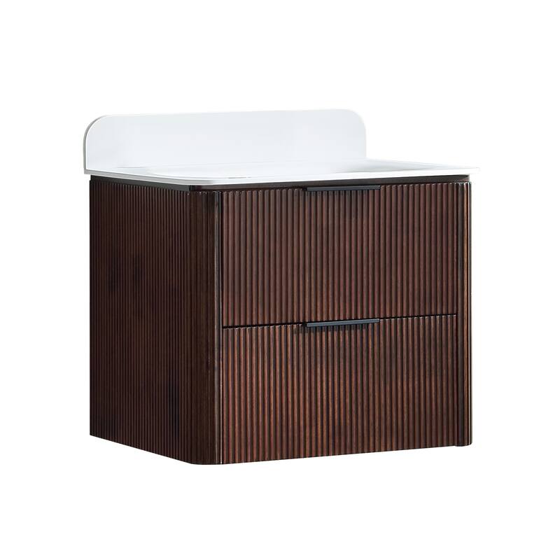 Modland Fluted Floating Vanity with Sink, Plywood Wall Mount Cabinet, Curved Edge, 24/30/36 Inch - 24 inch - Walnut