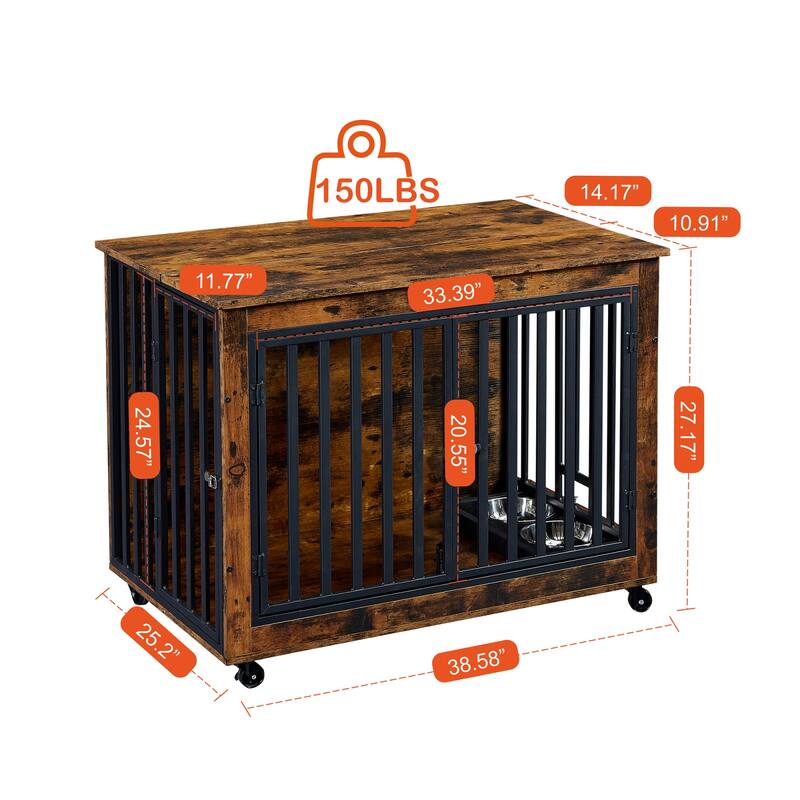 Dog Crate Furniture with Pull-Out Dog Bowls,Wooden Dog Kennel End Table with Wheels & Flip-Top,Indoor Dog House