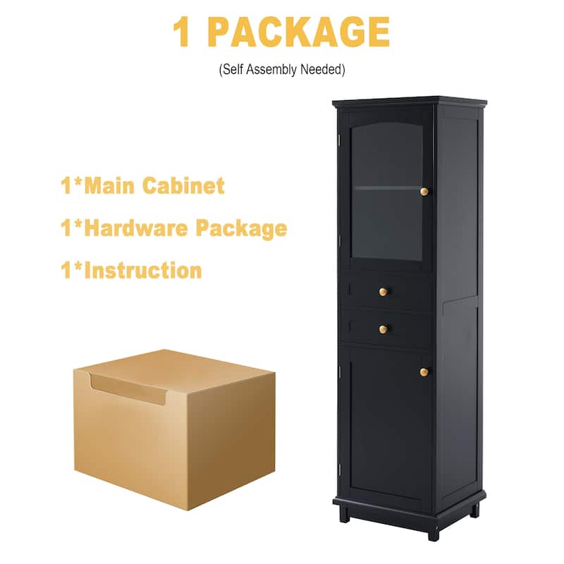 GDFStudio - Mary 63" Tall Bathroom Storage Cabinet with Glass Doors, Two Drawers, and Adjustable Shelves