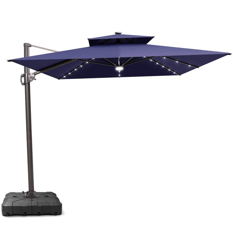 9 x11 FT LED Lighted Cantilever Patio Umbrella Double Top Rectangle with Base