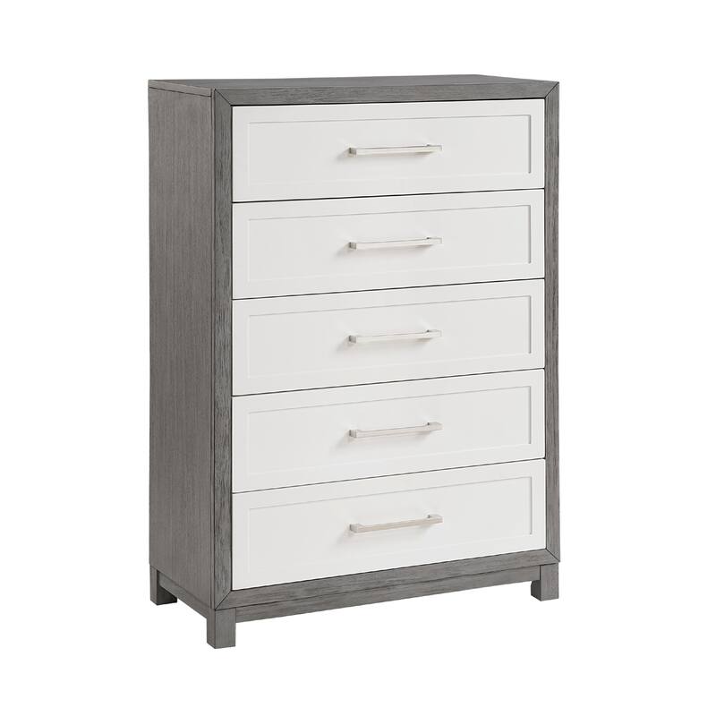 Rowy Tall Dresser Chest, 5 Drawer Bar Handles, Ivory and Gray Veneer