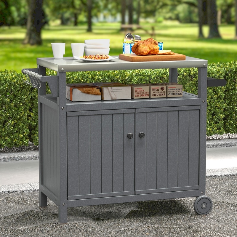 Portable Outdoor Grill Prep Table with Storage Big Stainless Steel Tabletop Outdoor BBQ Cart with Wheels Hooks and Side Shelf Bed Bath Beyond 40307301