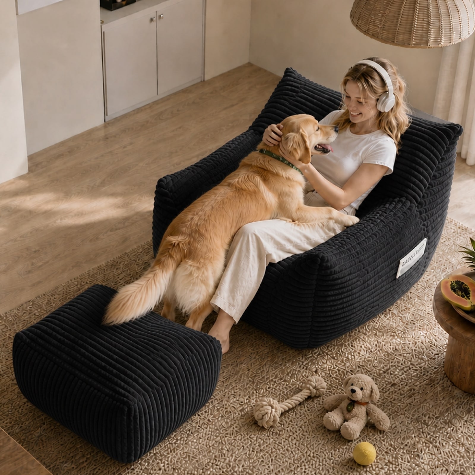 Oversized Corduroy Bean Bag Sofa with Ottoman, Comfy Chair with Storage Pocket