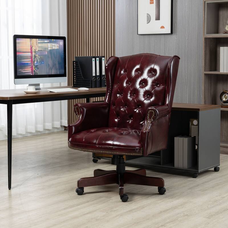 High Back Reclining Office Chair PU Leather Office Chair with Thick Cushioned Seat Back and Casters, for Office, Burgundy