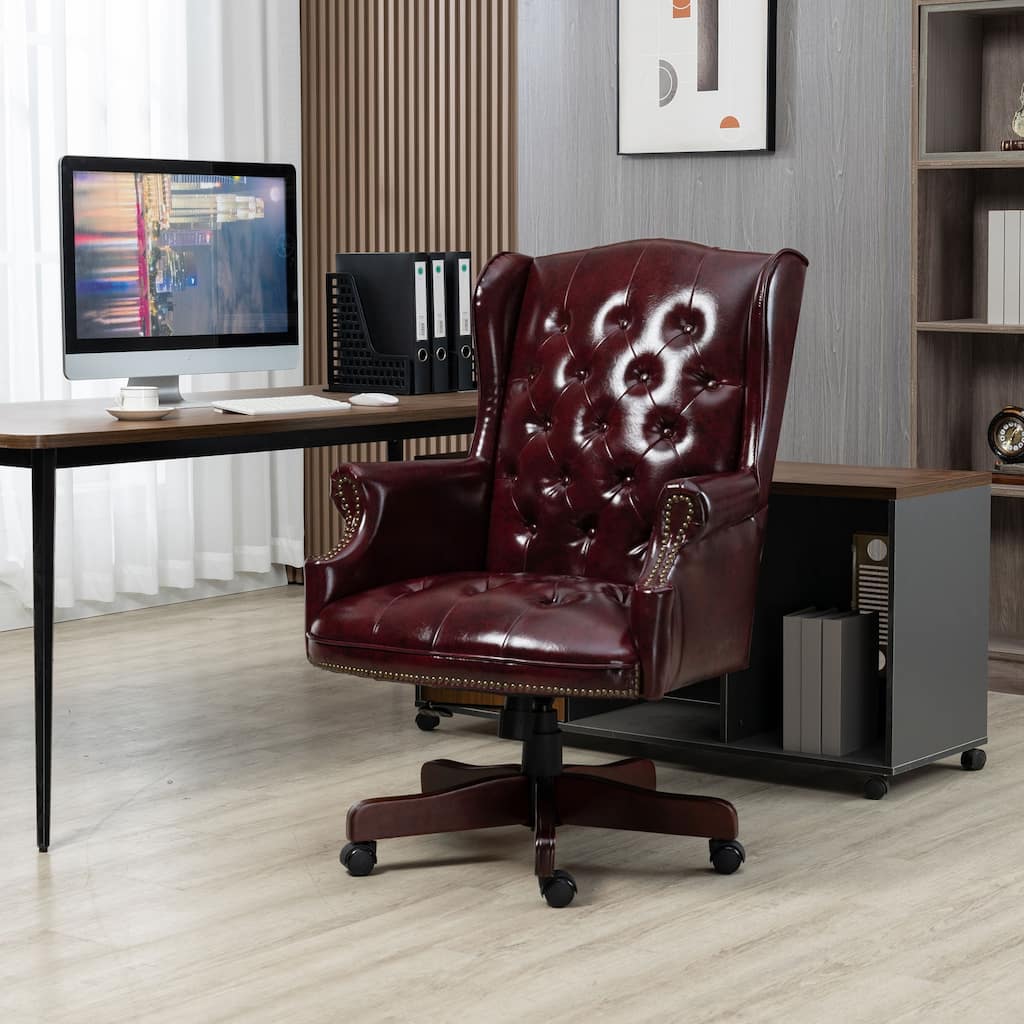 High Back Reclining Office Chair PU Leather Office Chair with Thick Cushioned Seat Back and Casters, for Office, Burgundy