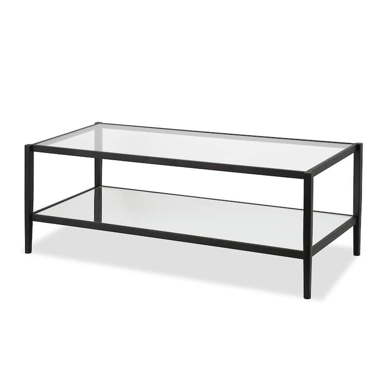 Modern Rectangular Glass Coffee Table 45" Steel Frame with Storage Shelf for Living Room - 45"L x 20"W x 17"H - Black