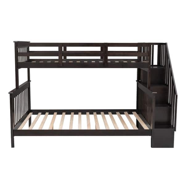 slide 2 of 14, Twin Over Full Wooden Bunk Bed,Storage Shelf with Staircase,Full-Length Guardrail Espresso
