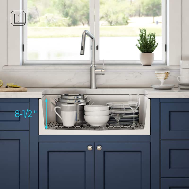 24" White Fireclay Farmhouse Undermount Kitchen Sink with Bottom Grid and Strainer