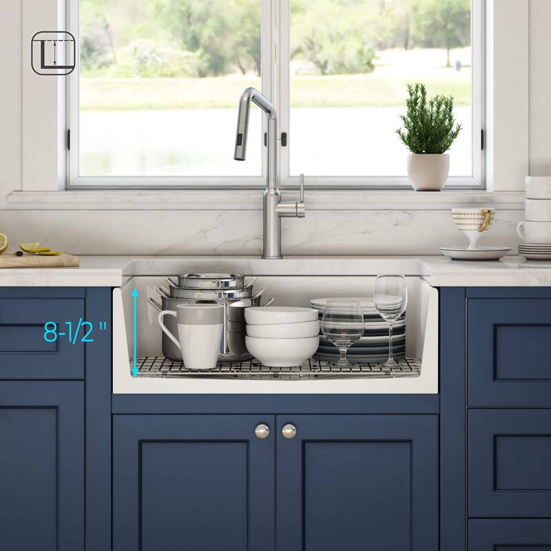 White Fireclay Farmhouse Undermount Kitchen Sink with Bottom Grid and Strainer