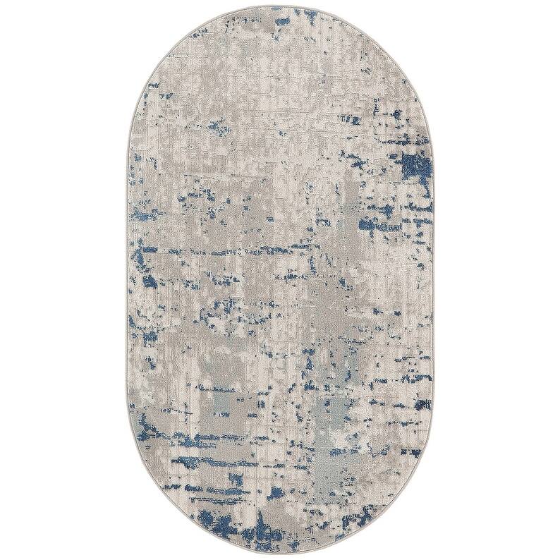Nourison Concerto Modern Abstract Distressed Area Rug - 3' x 5' Oval - Ivory/Gray/Blue