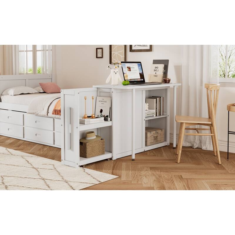 Twin Wood Platform Bed with Pull-Out Trundle, Built-in Desk, End Storage Shelf & 3 Drawers, for Kids or Teens
