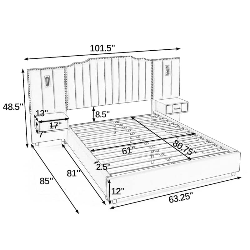 Upholstered Bed, Vertical Stripe Buttons Design Wingback Bed Frame, Velvet Fabric Platform Bed with Bedside Table