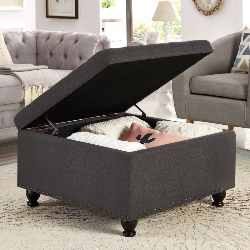 Large square storage ottoman with wooden legs,Upholstered button tufted coffee table with nail trims for Living Space